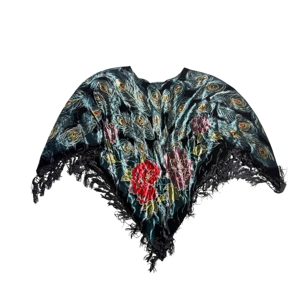 Coldwater Creek Velvet Peacock Floral Fringe Shawl Wrap